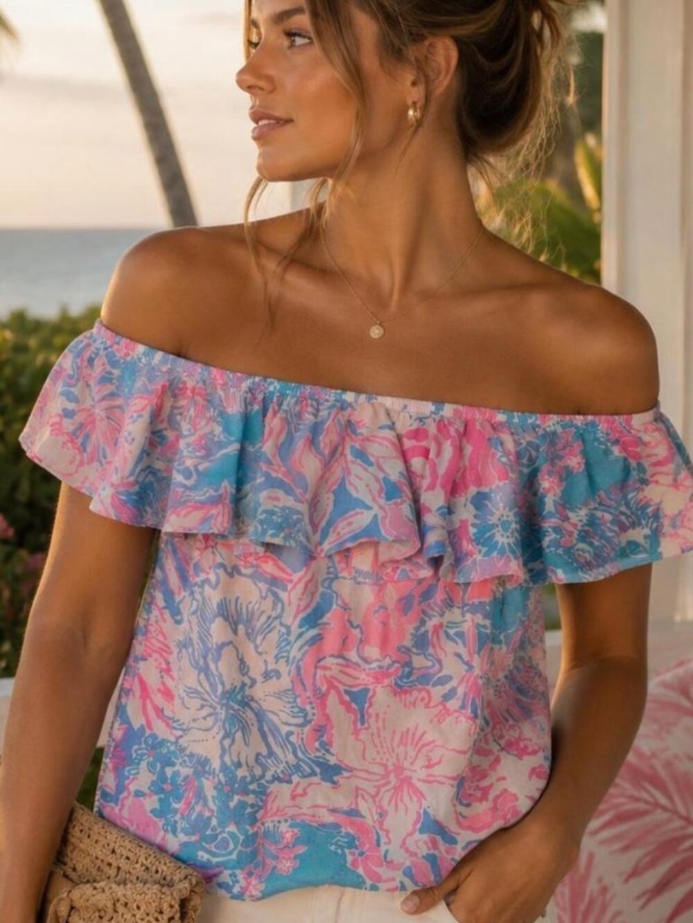 illy Pulitzer Blue Pink Tropical Off Shoulder Ruffle Top Large
